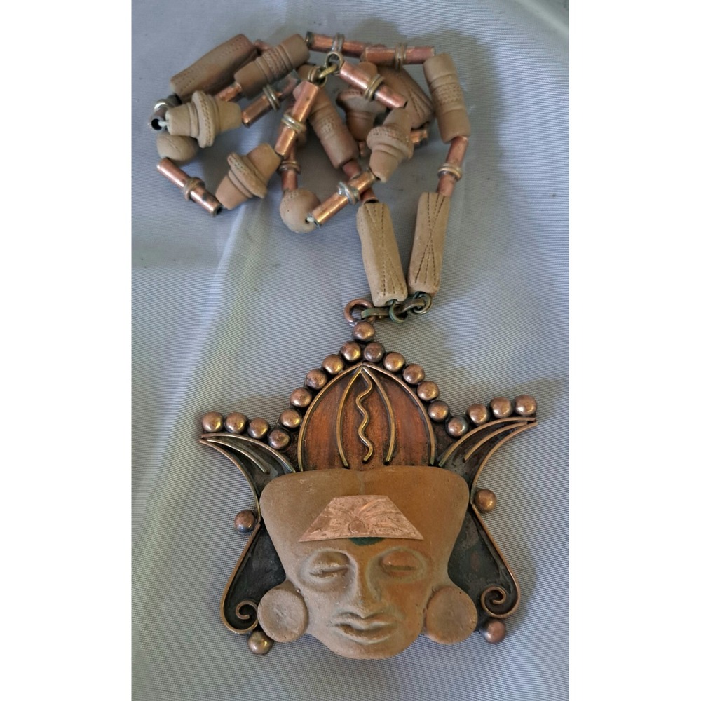 Antique Mexico Aztec Mayan Face Pendant Terracotta Copper Necklace
